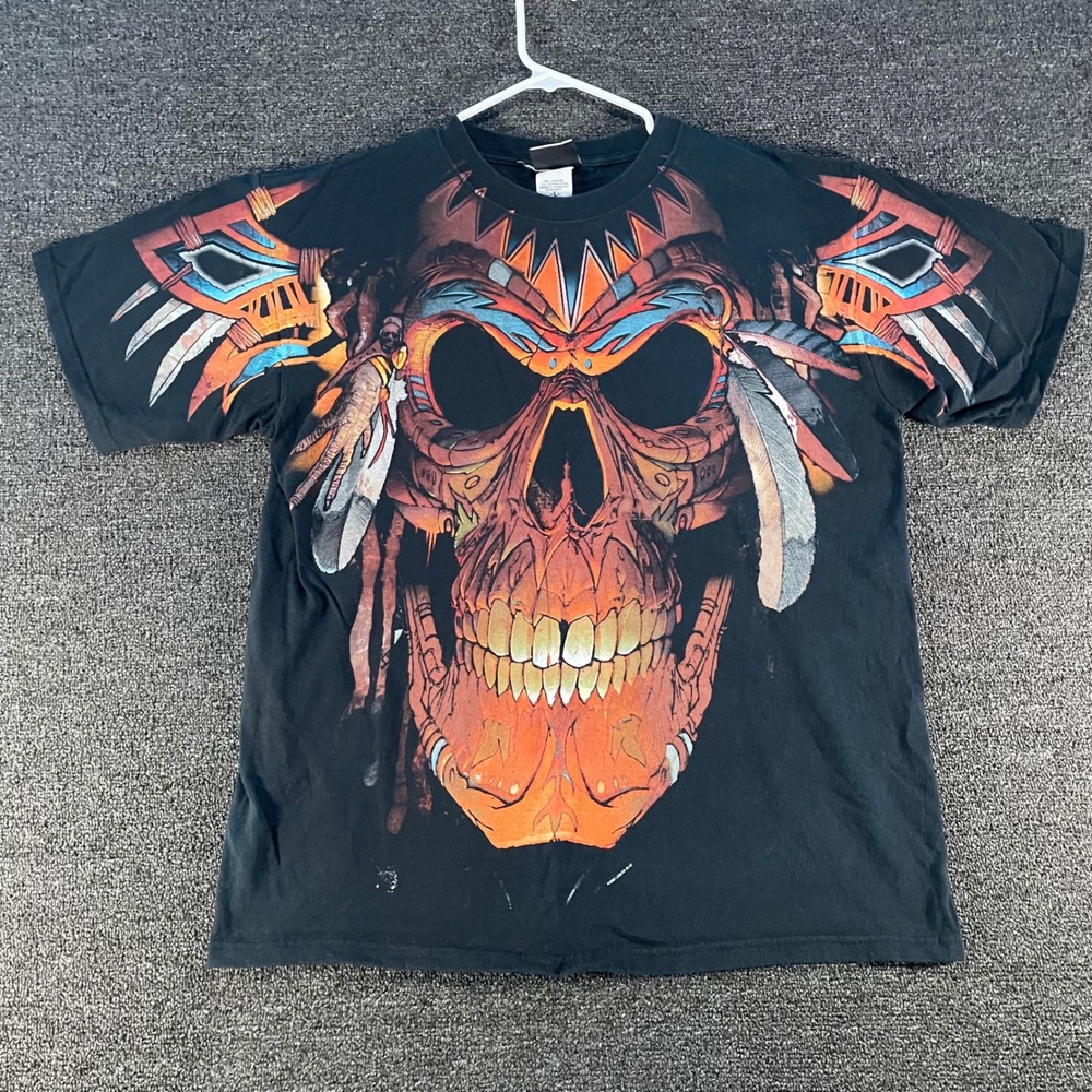 Liquid Blue Skull Totem T-Shirt Mens L Black Good All Over Print Vintage 90s